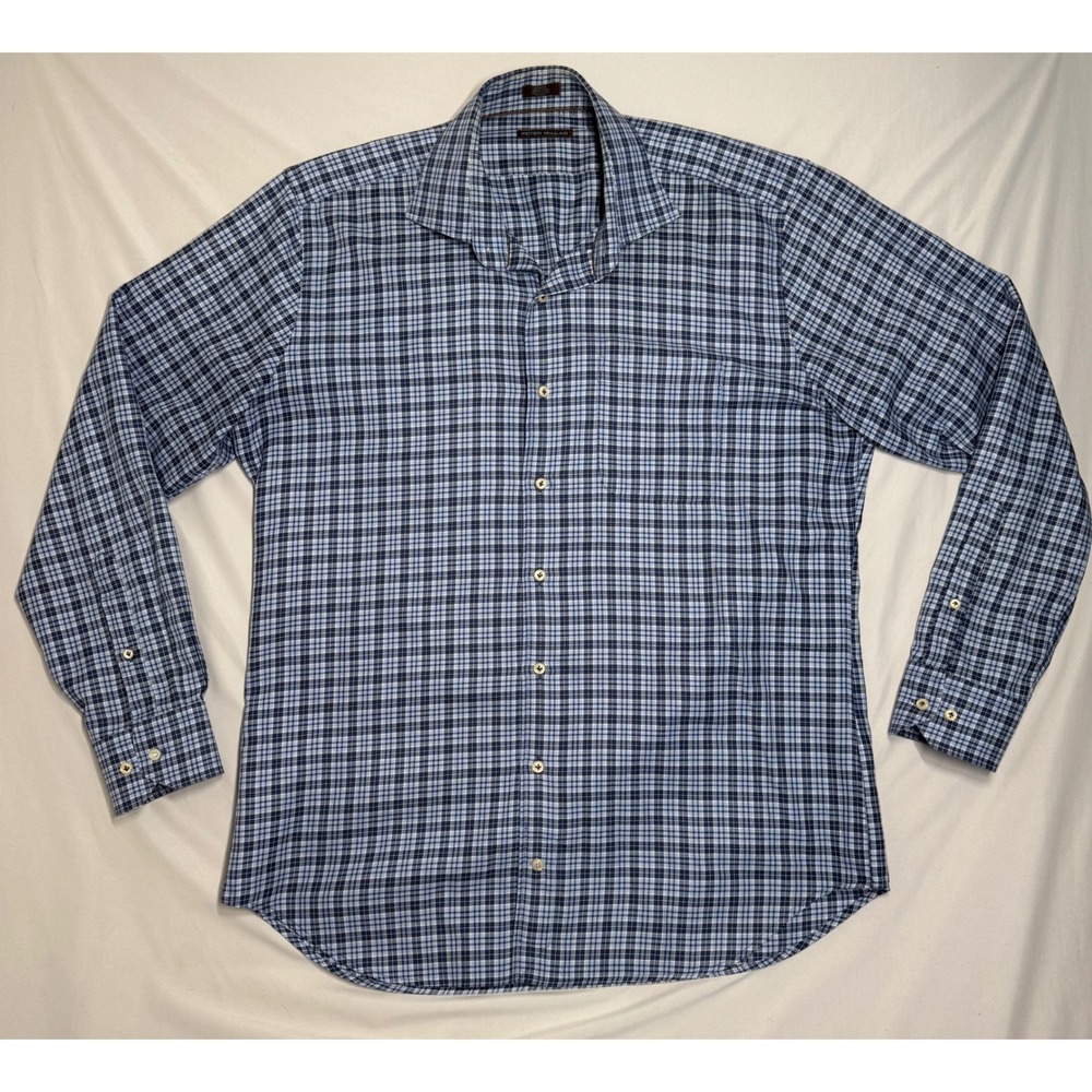 Peter Millar Blue White Plaid Cotton Button Down Shirt Mens Large Long Sleeve